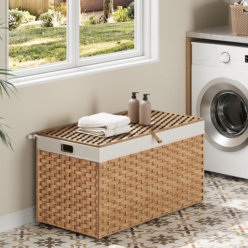 HOOBRO Storage Basket with Lid, 42.3 Gallon (160L) Wicker Basket, Handwoven Blanket Storage Basket with Handles, Metal Frame and Soft Lining, Foldable for Bedroom, Laundry Room, Natural NL216CW01 - Image 2