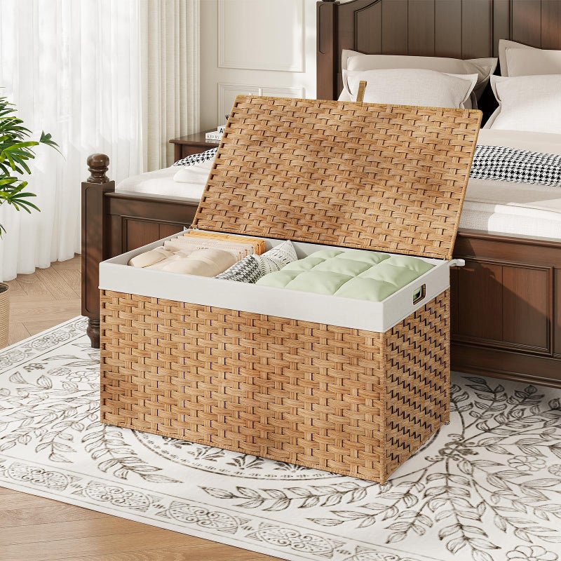 HOOBRO Storage Basket with Lid, 42.3 Gallon (160L) Wicker Basket, Handwoven Blanket Storage Basket with Handles, Metal Frame and Soft Lining, Foldable for Bedroom, Laundry Room, Natural NL216CW01 - Image 3