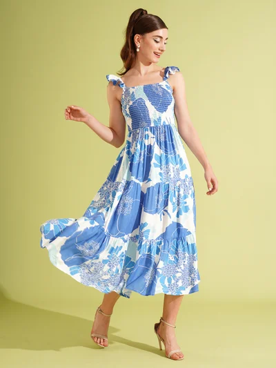 globus Globus Women Floral Printed Smocked Fit & Flare Midi Dress