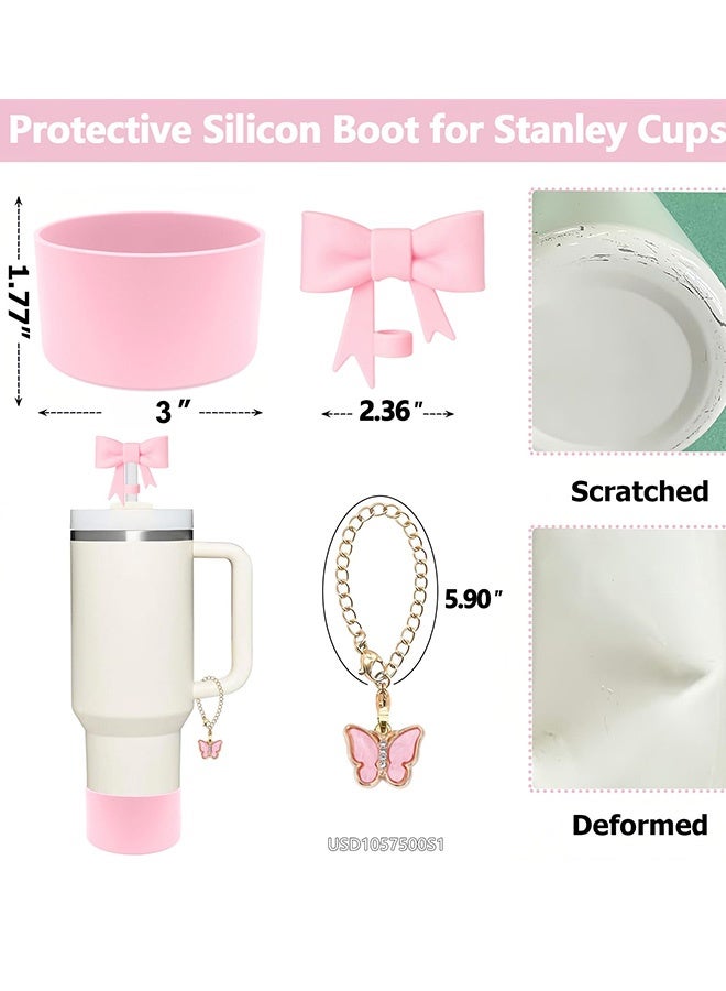 مجموعة إكسسوارات كأس ستانلي الوردية اللطيفة تتضمن أغطية قشات وفرشاة قشات وأكمام سيليكونية وسحر فراشة تناسب أكواب 30 و 40 أونصة، مثالية للاستخدام اليومي لتناول القهوة واستراحات المكتب وأيام الدراسة والسفر وتجمعات رمضان والعيد. - Image 2