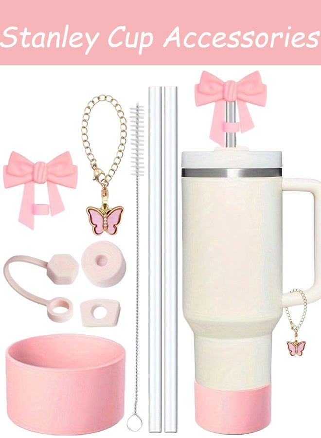 مجموعة إكسسوارات كأس ستانلي الوردية اللطيفة تتضمن أغطية قشات وفرشاة قشات وأكمام سيليكونية وسحر فراشة تناسب أكواب 30 و 40 أونصة، مثالية للاستخدام اليومي لتناول القهوة واستراحات المكتب وأيام الدراسة والسفر وتجمعات رمضان والعيد. - Image 1