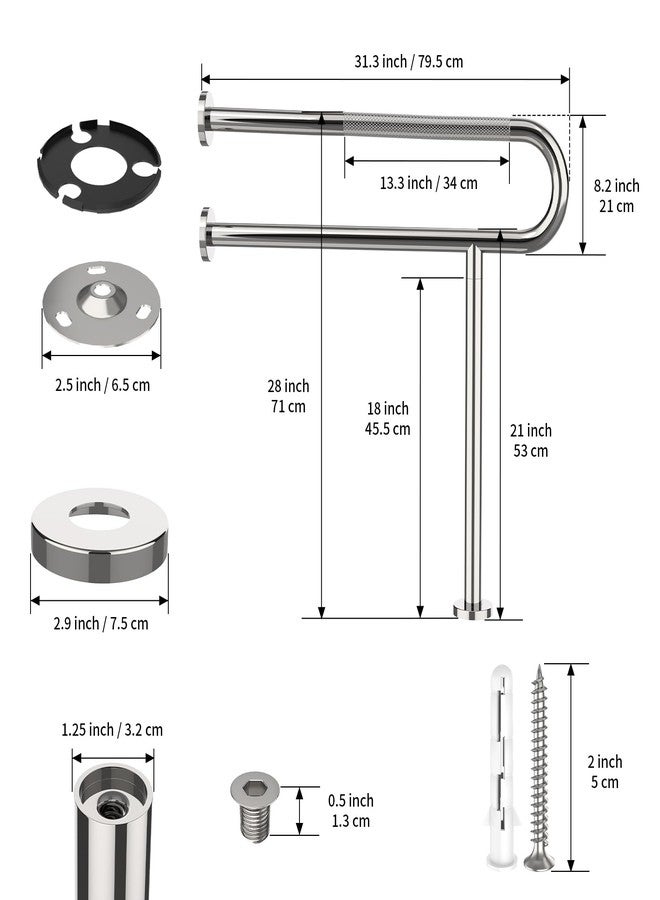 YuanDe Toilet Grab Bar 31.3 Inch with Leg, YuanDe Chrome Anti-Slip Toilet Handrail, Wall & Floor Mounted Stainless Steel Grab Bar, Knurled Handicap Support Rail for Elderly, Disabled, Pregnant - Image 2