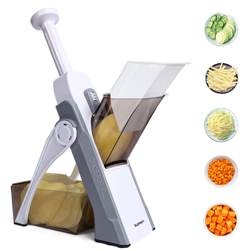 SupMaKin Safe Mandoline Slicer for Kitchen Vegetable Food Potato Chip Slicer Maual Adjustable Thickness Chopping Artifact Fast Veggie Salad Chopper Light Gray