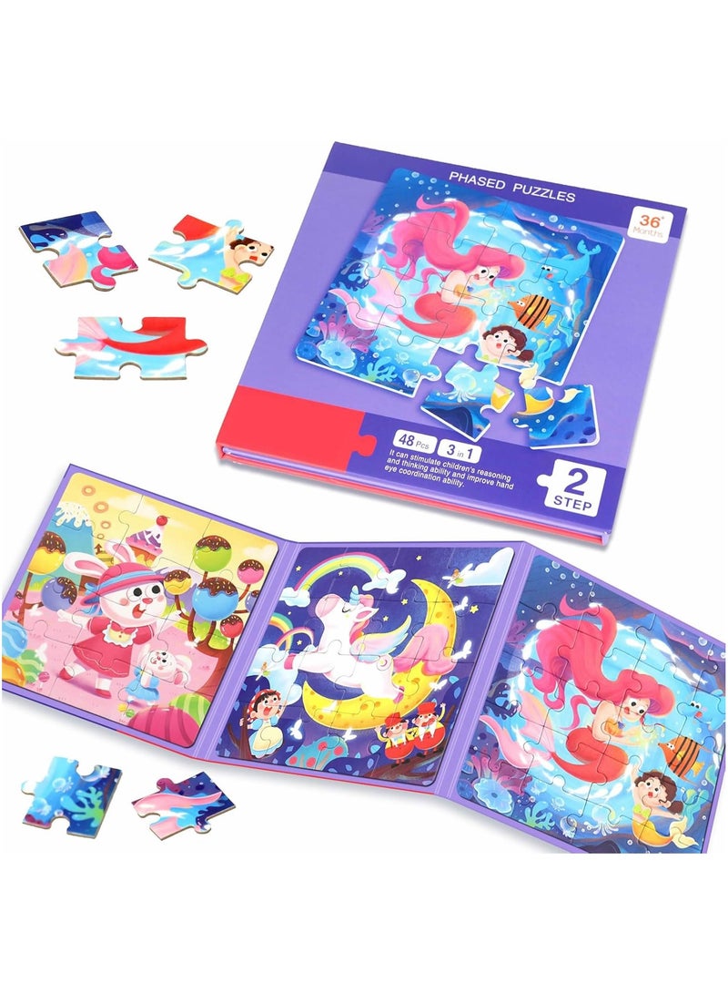 3 IN 1 KID PUZZLE: This set of mermaids magnetic puzzle has 3 parts with colorful images.There are 12, 16 and 20 puzzle pieces, 48 in total, ranging from easy to difficult, full of fun and challenges, helps kid develop motor skills and improve logical think - Image 1