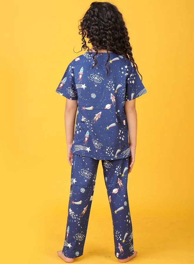 انثريلو مجموعة من بنطال وتيشيرت قطن بطبعة فضاء