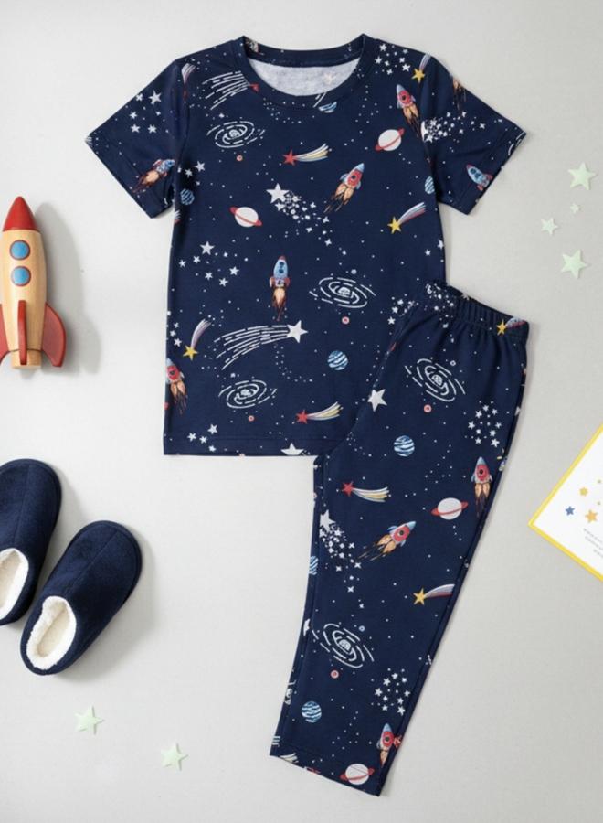 Anthrilo Girls Navy Blue Space Print Cotton T-Shirt and Pants Set - Image 5