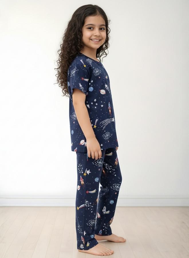 Anthrilo Girls Navy Blue Space Print Cotton T-Shirt and Pants Set - Image 2