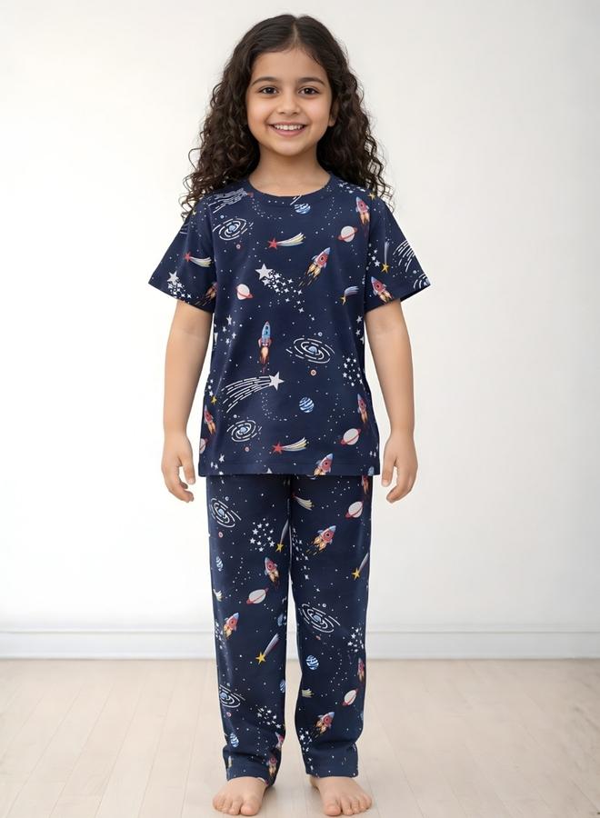 Anthrilo Girls Navy Blue Space Print Cotton T-Shirt and Pants Set - Image 1