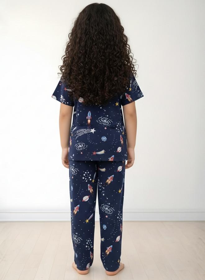 Anthrilo Girls Navy Blue Space Print Cotton T-Shirt and Pants Set - Image 3