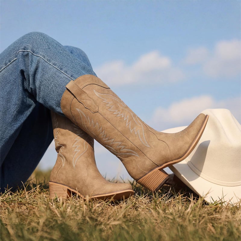 Pasuot Western Cowboy Boots for Women - Brown Cowgirl Boots with Pointed Toe, Mid Calf Chunky Heel Snip Toe Boot with Classic Retro Embroidery, Country Style for Ladies Rodeo Concert US 8 - Image 2