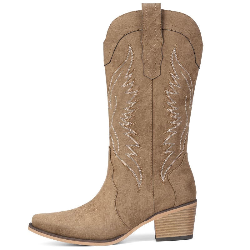 Pasuot Western Cowboy Boots for Women - Brown Cowgirl Boots with Pointed Toe, Mid Calf Chunky Heel Snip Toe Boot with Classic Retro Embroidery, Country Style for Ladies Rodeo Concert US 8 - Image 4