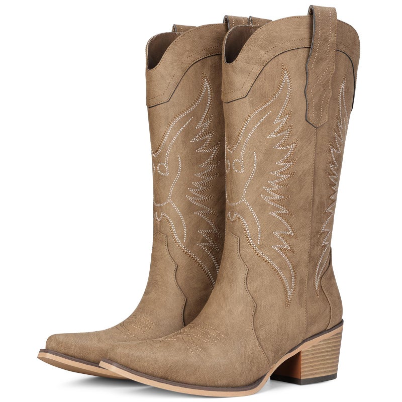 Pasuot Western Cowboy Boots for Women - Brown Cowgirl Boots with Pointed Toe, Mid Calf Chunky Heel Snip Toe Boot with Classic Retro Embroidery, Country Style for Ladies Rodeo Concert US 8 - Image 1