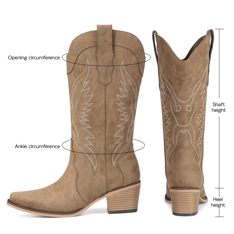 Pasuot Western Cowboy Boots for Women - Brown Cowgirl Boots with Pointed Toe, Mid Calf Chunky Heel Snip Toe Boot with Classic Retro Embroidery, Country Style for Ladies Rodeo Concert US 8 - Image 5