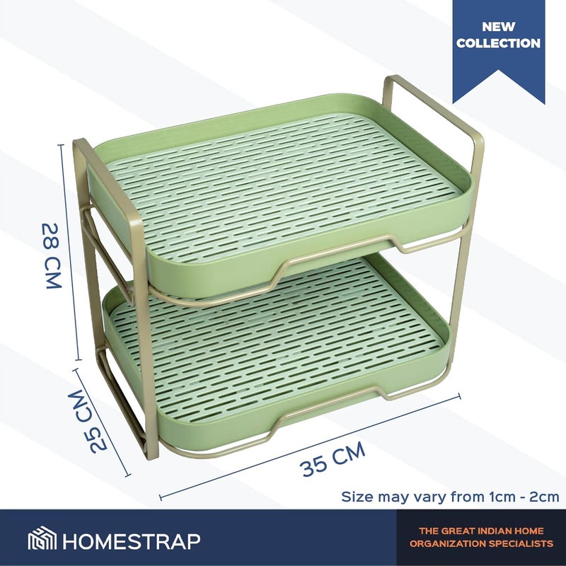 HomeStrap Plastic Double Drain Shelf Organiser |Cosmetic Organizers, Vegetable Drying Shelf With Drain Tray (Green) - Image 2