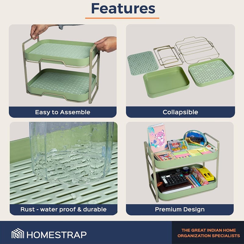 HomeStrap Plastic Double Drain Shelf Organiser |Cosmetic Organizers, Vegetable Drying Shelf With Drain Tray (Green) - Image 5