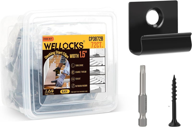 WELLOCKS Start Clips 1.5" Width Black 72 Pack with Deck Screws T25 Bit Universal Starter Clips for 400 SQ. FT. of Decking Board Hidden Clip Fastener (72PCS Black) - Image 1
