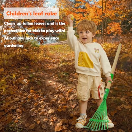 Xifando Kids Leaf RakeSmall Wooden Handle Leaf Rake with Metal Tines 27inches 69cm Length for Kids Enjoy Garden Cleaning Activities Green - Image 3