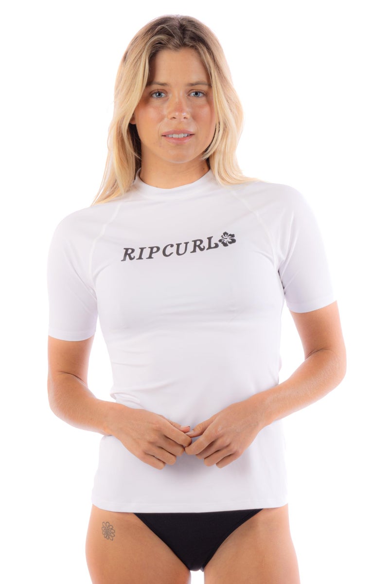 Rip Curl Womens Standard Short Sleeve Rashguard with UPF 50 Sun Protection Swim Shirt White