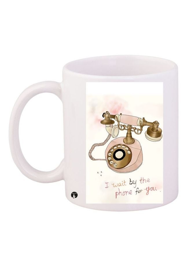 Vintage Telephone Printed Coffee Mug White/Pink/Brown 11ounce