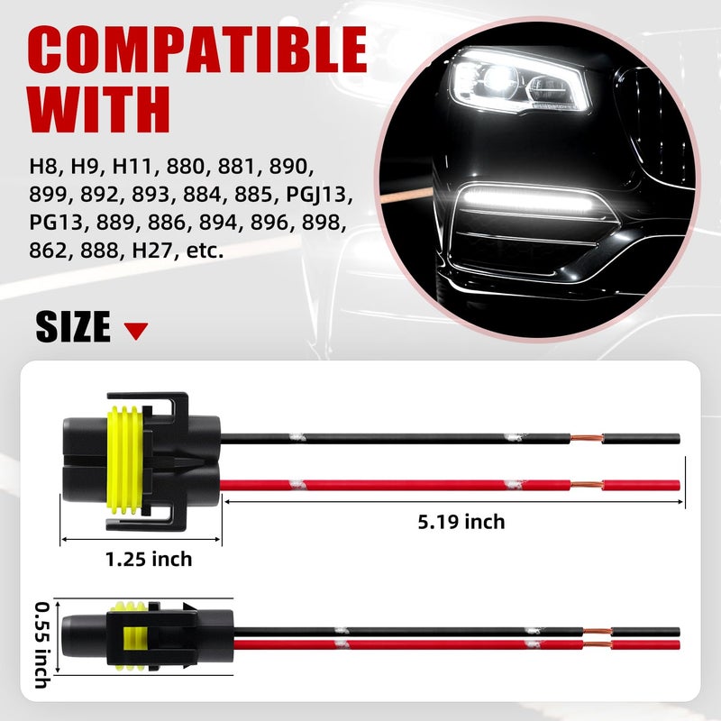 AUXLIGHT H11 H9 H8 880 881 Female Nylon Pigtail Wiring Harness for Headlight or Fog Lights, Premium Connector Socket Adapter (Pack of 4) - Image 3