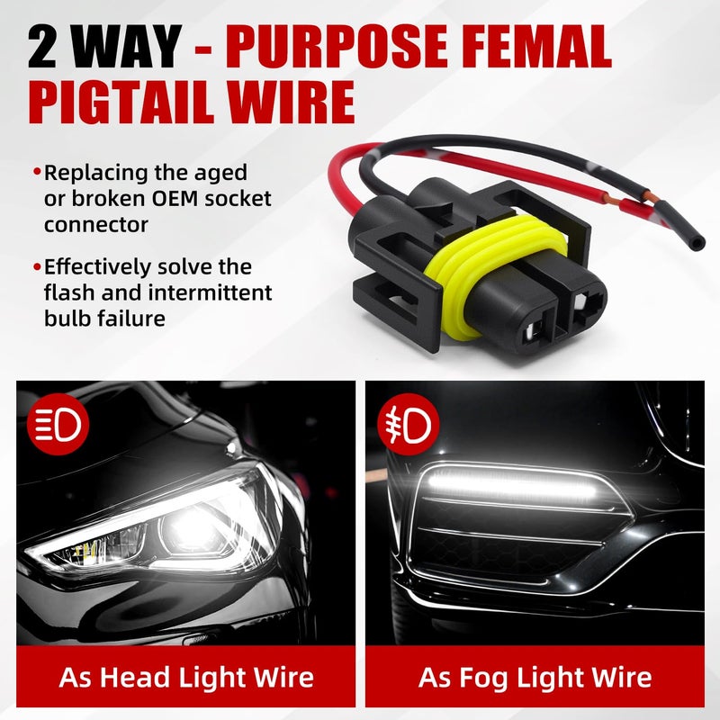 AUXLIGHT H11 H9 H8 880 881 Female Nylon Pigtail Wiring Harness for Headlight or Fog Lights, Premium Connector Socket Adapter (Pack of 4) - Image 2