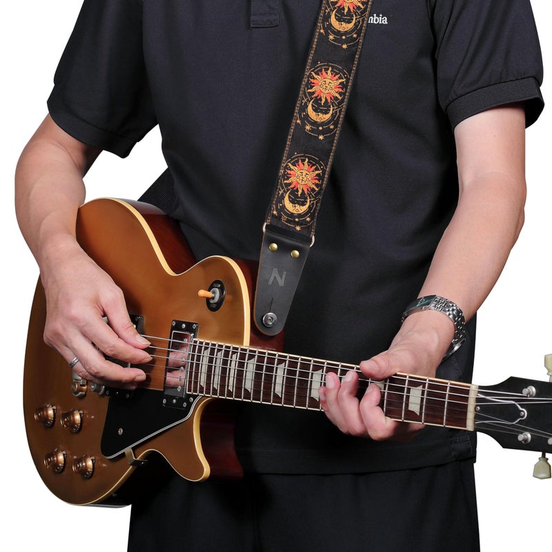 Nefelibata Guitar Strap, Sun & Moon Embroidery Guitar Straps with Head Cowhide Leather Ends for Bass, Electric & Acoustic Guitars, Free Strap Button, 1 Pair Strap Locks and 4 Guitar Picks - Image 3