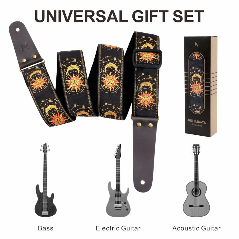 Nefelibata Guitar Strap, Sun & Moon Embroidery Guitar Straps with Head Cowhide Leather Ends for Bass, Electric & Acoustic Guitars, Free Strap Button, 1 Pair Strap Locks and 4 Guitar Picks - Image 4