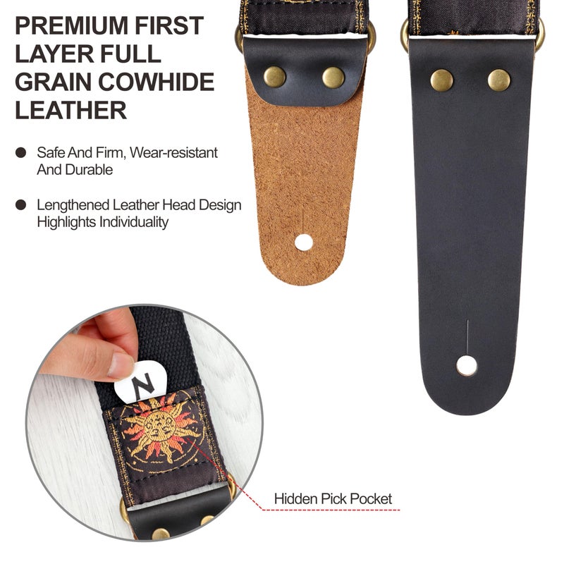 Nefelibata Guitar Strap, Sun & Moon Embroidery Guitar Straps with Head Cowhide Leather Ends for Bass, Electric & Acoustic Guitars, Free Strap Button, 1 Pair Strap Locks and 4 Guitar Picks - Image 2