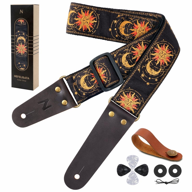 Nefelibata Guitar Strap, Sun & Moon Embroidery Guitar Straps with Head Cowhide Leather Ends for Bass, Electric & Acoustic Guitars, Free Strap Button, 1 Pair Strap Locks and 4 Guitar Picks - Image 1