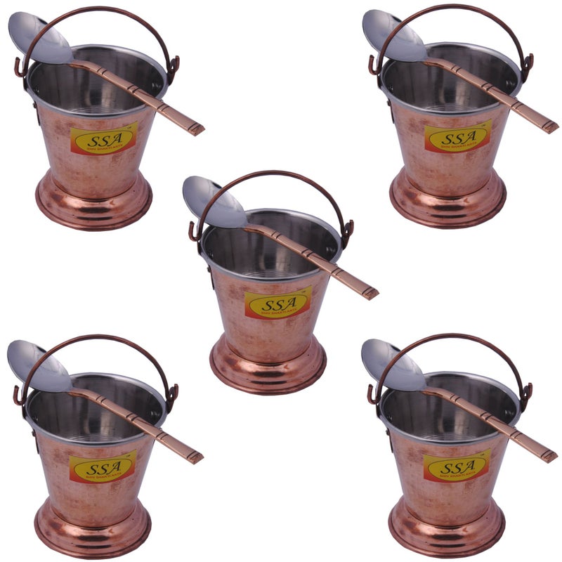 SHIV SHAKTI ARTS SHIV SHAKTI ARTS Handmade Set of 5 Traditional Steel Copper Bucket/Copper Balti Volume 300 ML Each with 5 Serving Spoons  - Image 1
