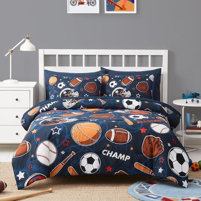 FULL KIDS COMFORTER SET 7 PIECES FULL BEDDING SETS FOR BOYS GIRLS TEEN GLOW IN THE DARK SPORTS BALL GAMES BED IN A BAG WITH SHEETS
