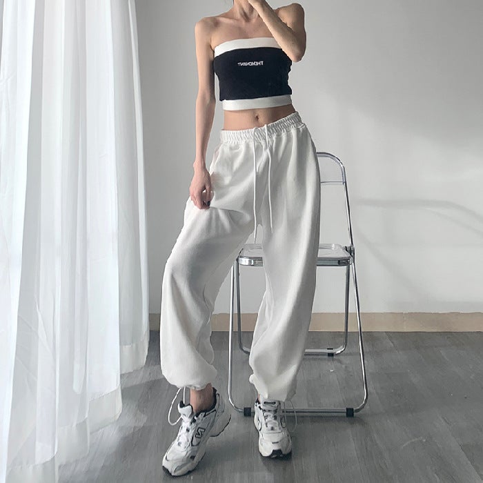 White Gray Sports Pants Womens Spring and Autumn Summer 2024 New Loose Foot-toe Sweatpants Slimming Casual Drawstring Wide-leg Pants White regular 