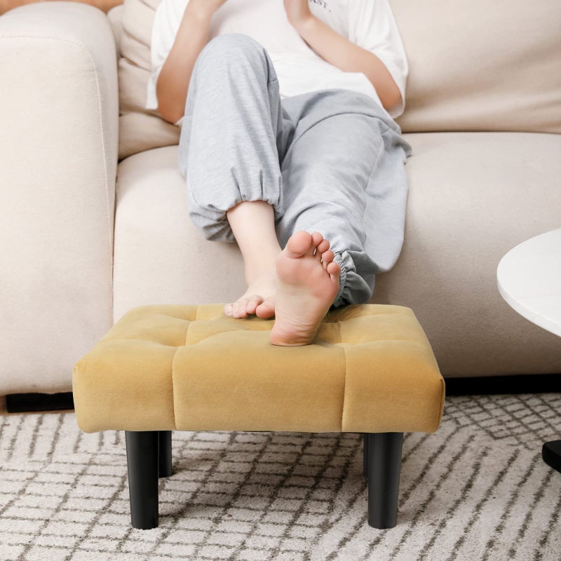 HOUCHICS Small Footstool OttomanVelvet Soft Footrest Ottoman with Wood LegsSofa Footrest Extra Seating for Living Room Entryway OfficeYellow 1PACK