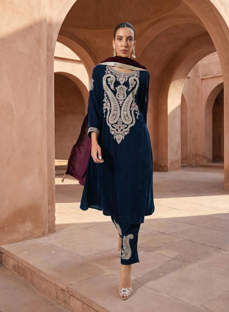 ISHIN Rich Purple Embroidered A-line Kurta sets in Velvet