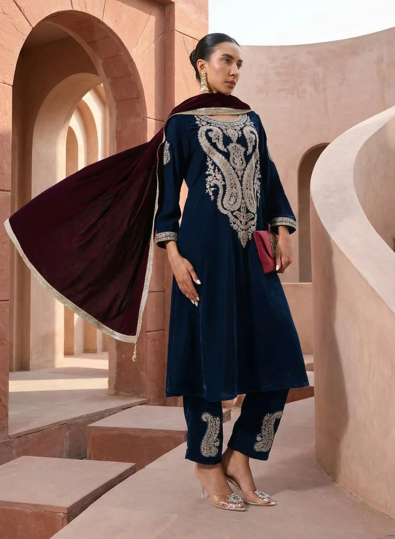 ISHIN Rich Purple Embroidered A-line Kurta sets in Velvet