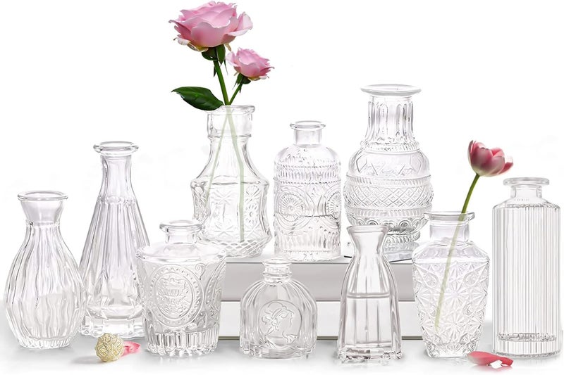 QLOFEI Bud Vases- Set of 10 Small Flower Glass Vases for Centerpieces, Cute Clear Crystal Bud Glass in Bulk, Mini Vintage Design for Wedding Decorations Party Table Flower Decor - Image 1