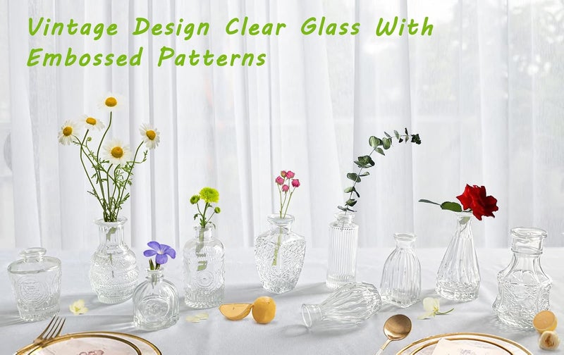 QLOFEI Bud Vases- Set of 10 Small Flower Glass Vases for Centerpieces, Cute Clear Crystal Bud Glass in Bulk, Mini Vintage Design for Wedding Decorations Party Table Flower Decor - Image 2