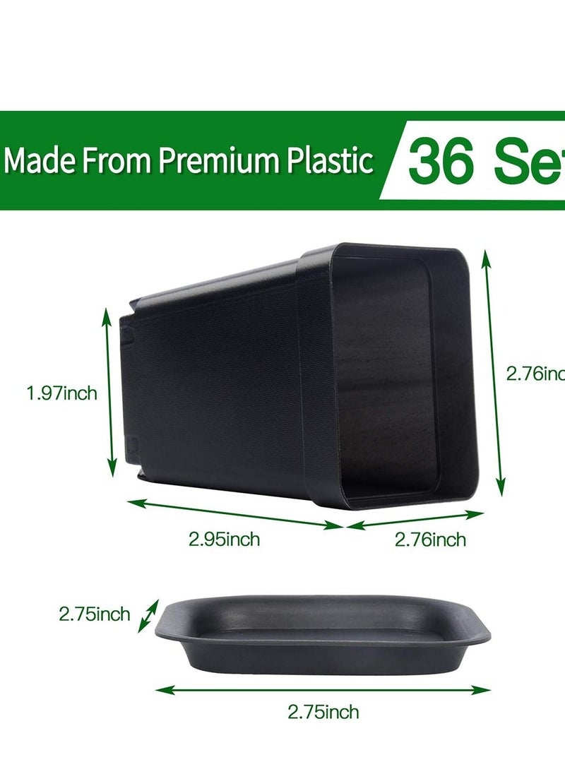 SYOSI - Plastic Square Nursery Pots 36Pcs 3 Inch Plant Seed Starting Pots with Drainage Hole and Saucers for Seedling, Container for Your Room, Garden Office and Balcony Decor, Black - Image 1