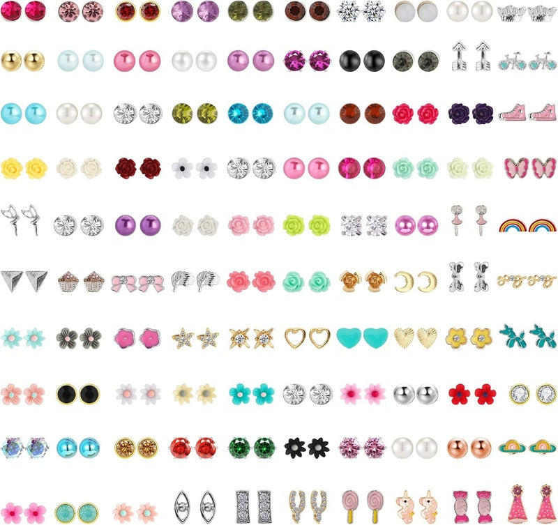 NEWITIN 100 Pairs Colorful Cute Earrings for Girls Sensitive Ears Hypoallergenic Girl Stud Earrings Set Stainless Steel Cartoon Stud for Girls and Women - Image 1
