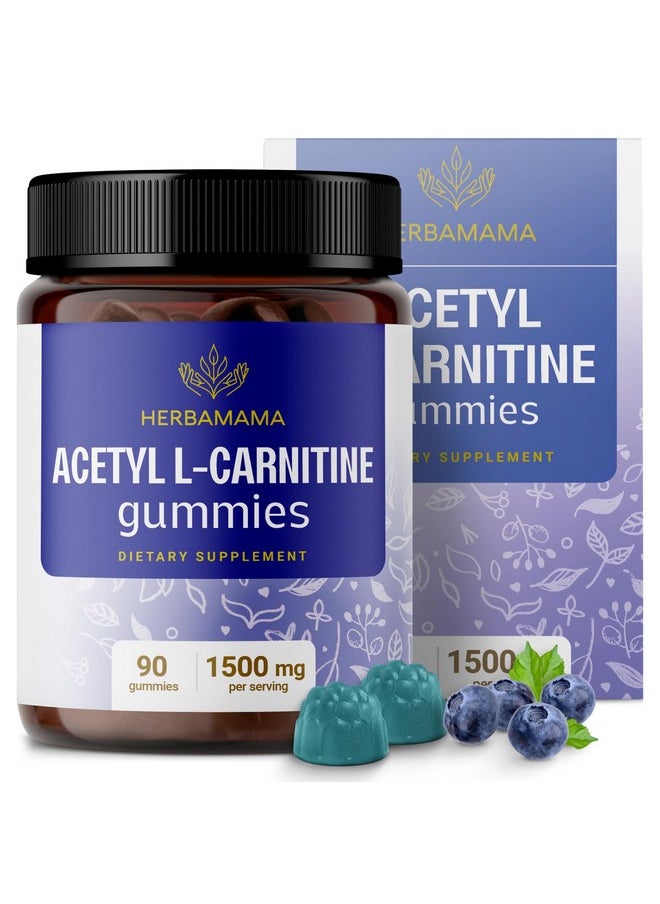 HERBAMAMA - HERBAMAMA Acetyl L-Carnitine Energy Gummies - 1500 mg ALCAR Energy Support Supplements for Women and Men - Vegan, Gelatin-Free, Non-GMO - 60 Blueberry-Flavored Chews - Image 1
