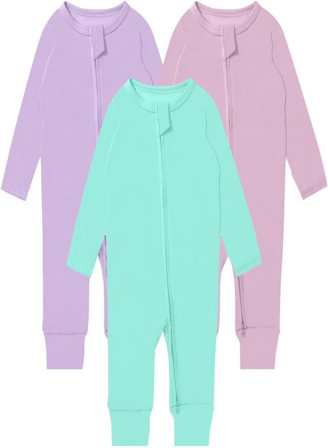 GUISBY Long Sleeve Cotton Pajamas Footless Baby Bodysuits with Zipper and Mittens 3-Pack for Boys Girls Pink+Purple+Light Green 3-6 Months - Image 1