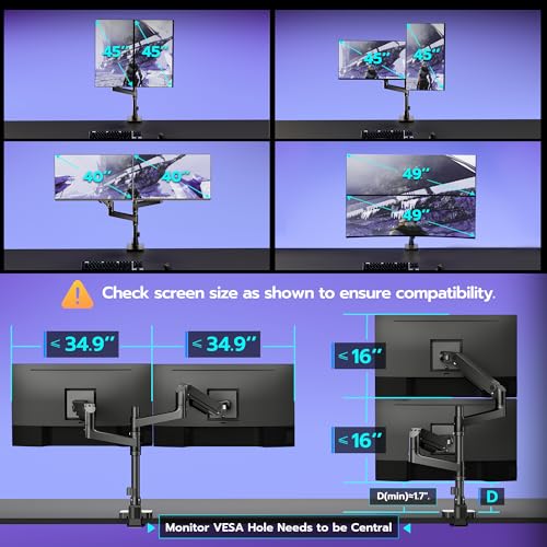 ARES WING Dual Monitor Arm Desk Mount for 17-49 Inch Ultrawide Monitors, Heavy Duty Dual Monitor Mount Holds 44 lbs, Full Motion Gas Spring Vertical Stacked Monitor Mount, 75/100 VESA Mount, Black - Image 2