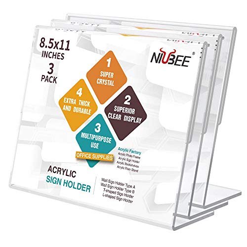 NIUBEE Acrylic Sign Holder 8.5x11 Inches 3 Pack Landscape, Slant Back Clear Paper Frames, Plastic Flyer Display Holder, Document Menu Table Stand for Office, Store, Restaurant -Horizontal - Image 1