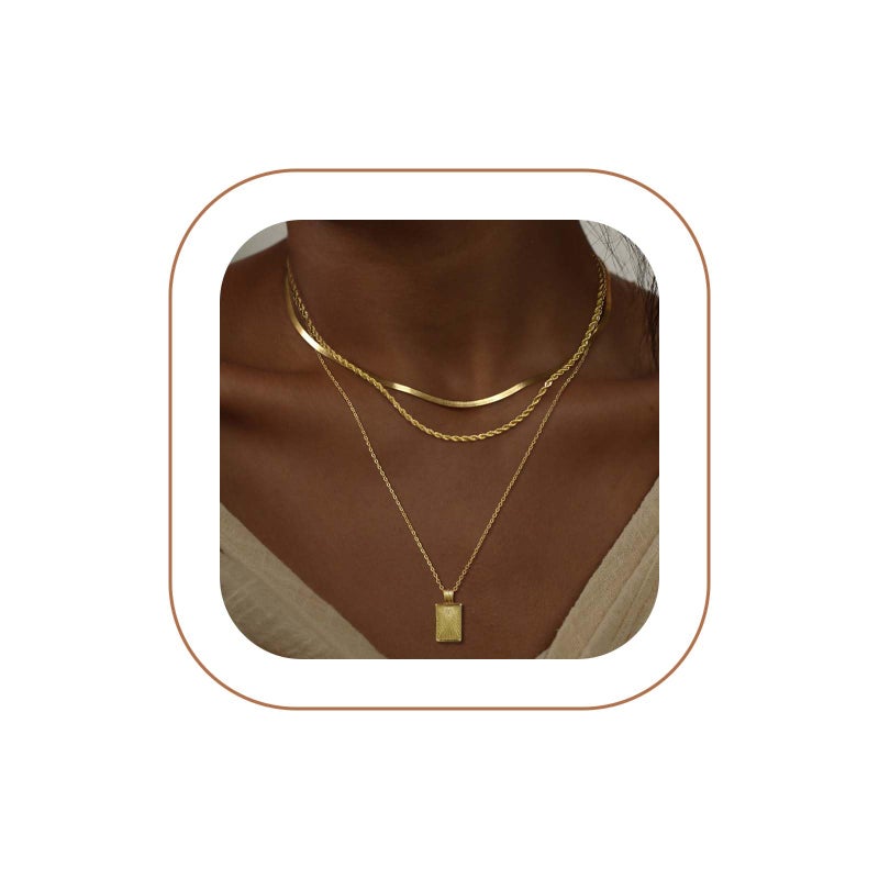 Kyerlyn layered gold necklaces for womenï¼ŒStackable Simple 14K Gold Plated Chain Necklace Layering Fashion Pendant herringbone Necklaces Trendy gold Jewelry for women trendy Set Gifts - Image 1