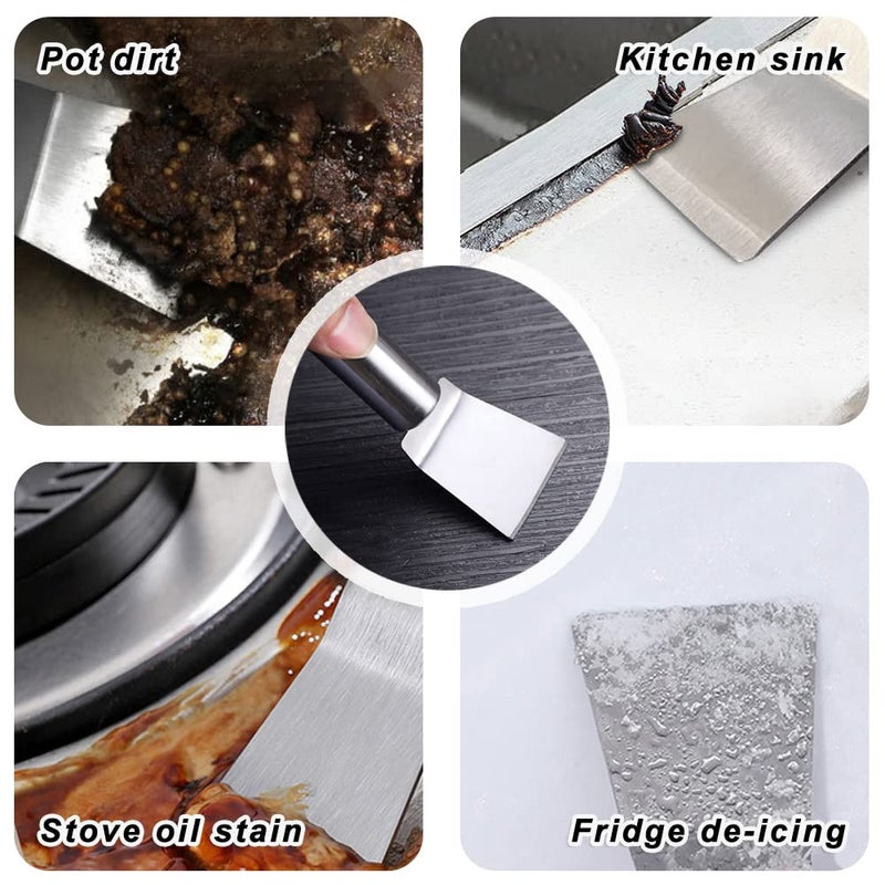 leuapl Kitchen Stove Cleaning Brush + Scraper Tool Set, Brass Wire Brushes for Range Hood Grease Grime, Rust Cleaner Heavy Duty Stainless Steel Putty Scraper for Gas Burners Cooktop Pot Pan - Image 3