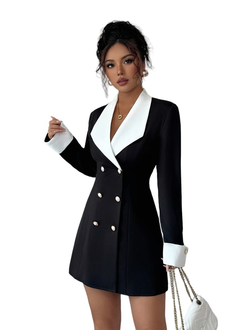 Women's Autumn French Elegant Front Open Double-Breasted Black and White Contrast Short Dress, Suitable for Evening Party\u002FSisters' Gathering\u002FNight Out\u002FDating\u002FCommuting... - Image 1