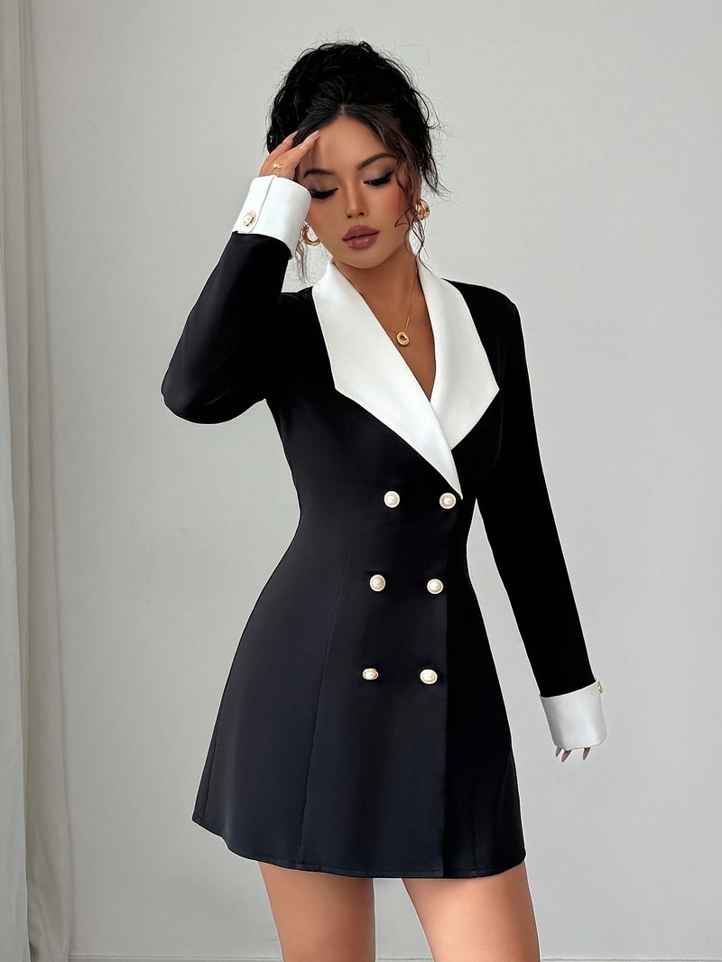 Women's Autumn French Elegant Front Open Double-Breasted Black and White Contrast Short Dress, Suitable for Evening Party\u002FSisters' Gathering\u002FNight Out\u002FDating\u002FCommuting... - Image 5