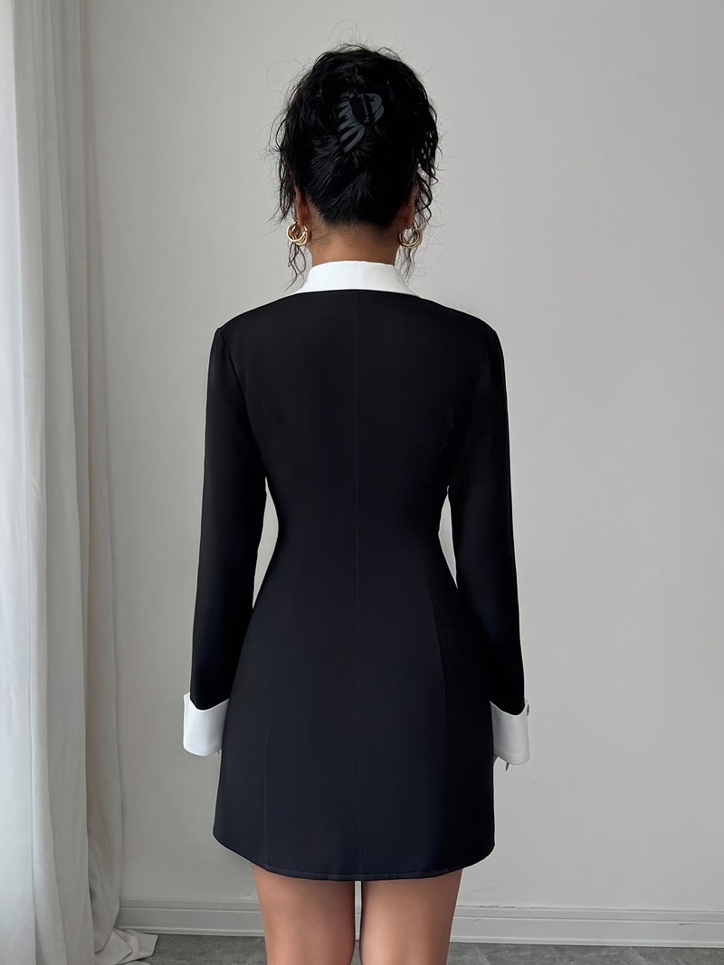 Women's Autumn French Elegant Front Open Double-Breasted Black and White Contrast Short Dress, Suitable for Evening Party\u002FSisters' Gathering\u002FNight Out\u002FDating\u002FCommuting... - Image 4