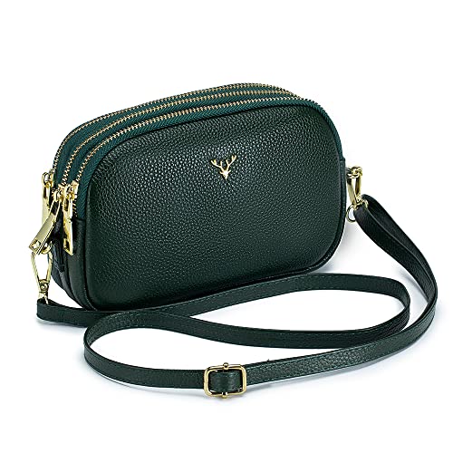 Dgffan Triple Zip Small Crossbody Bags Genuine Leather Shoulder Handbags Trendy Design Cellphone Purses for Women and Girls(green) - Image 1