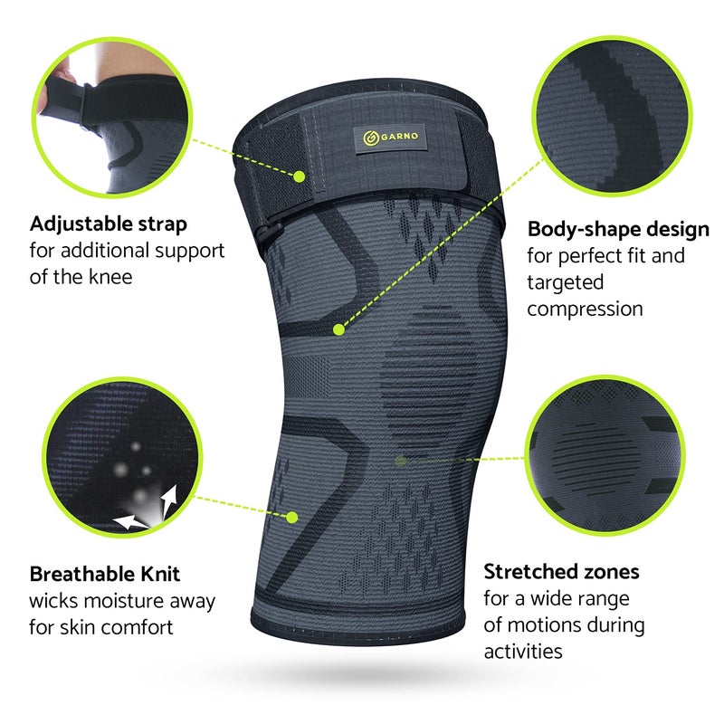 GARNO Knee Brace For Knee Pain, Compression Sleeve with Strap for Patella and IT Band Support; Relief for Arthritis, Meniscus, ACL; Men & Women; Running, Workout, Weightlifting (Medium) - Image 4